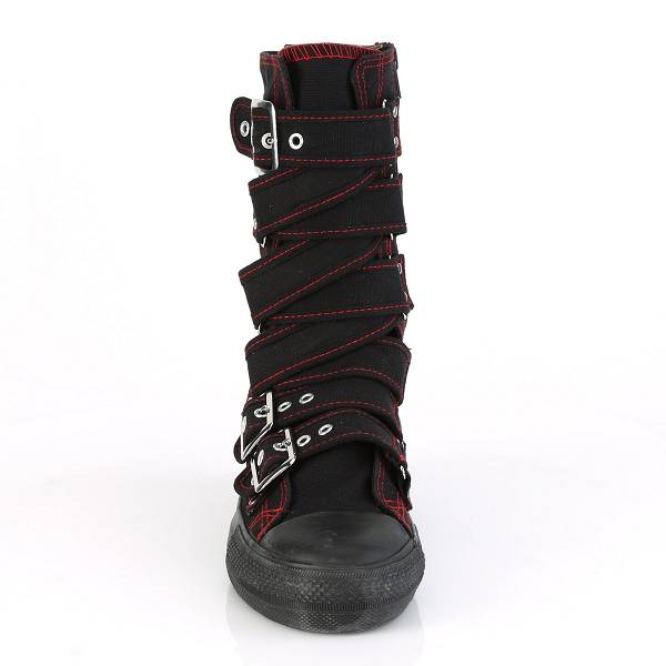 Demonia Deviant-207 Black Canvas/Red Schuhe Herren D753-924 Gothic Hohe Sneakers Schwarz Deutschland SALE